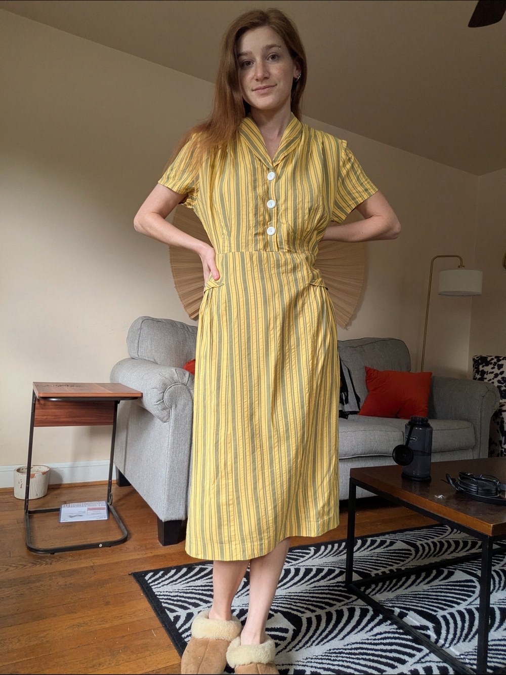 1940s Yellow and Grey Striped Day Dress